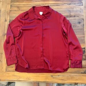 Women’s Long Sleeve Collard Red Satin Blouse - A New Day